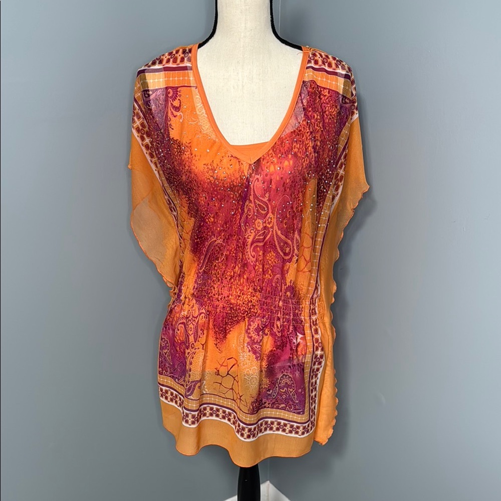 Massini Women’s Orange/Purple Lined Tunic Top Sz L